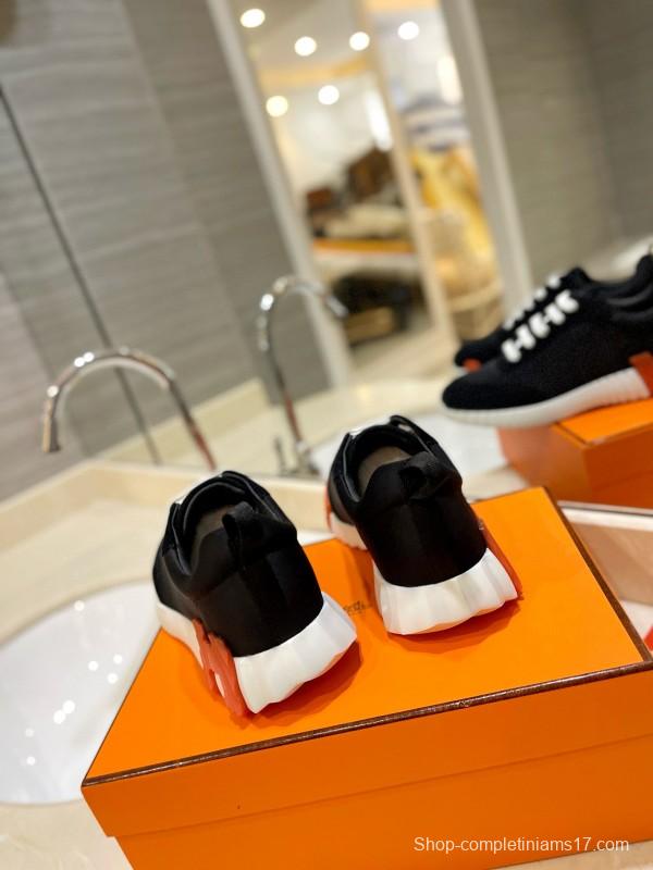 2024 Unisex Hermès Black Orange Imported Silk Calfskin Sneakers MJ00320