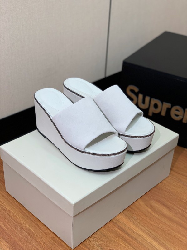 2025 Women BRUNELLO CUCINELLI White Suede Platform Slide Sandals Casual Craftsmanship LY00360(F)