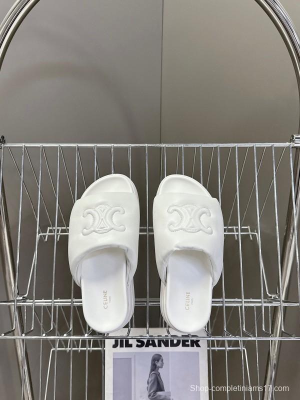 2025 Women Celine White Leather Slippers LY00240
