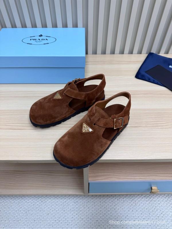 2025 Women Prada Brown Suede Slingback Buckle Sandals LY00280