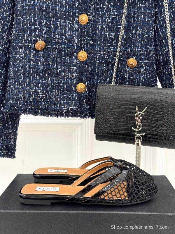 2025 Women AlAIA Black Leather Mesh Flat Mule KFY00260