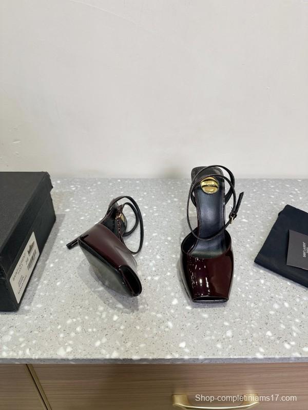 2025 Women Yves Saint Laurent Burgundy Patent Leather Slingback Stiletto Heel