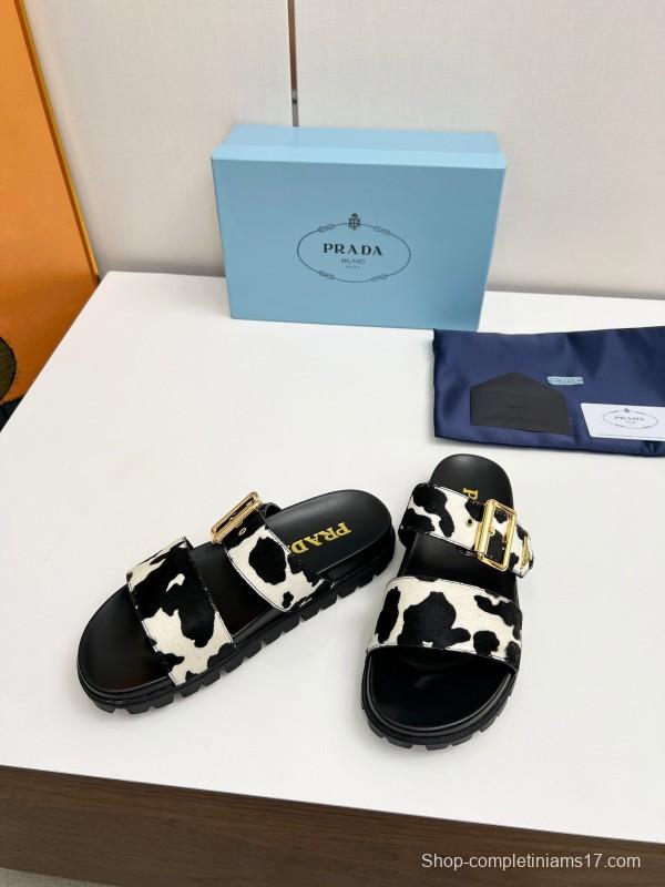 2025 Women Prada Black White Calf Hair Leather Sandals LY00260