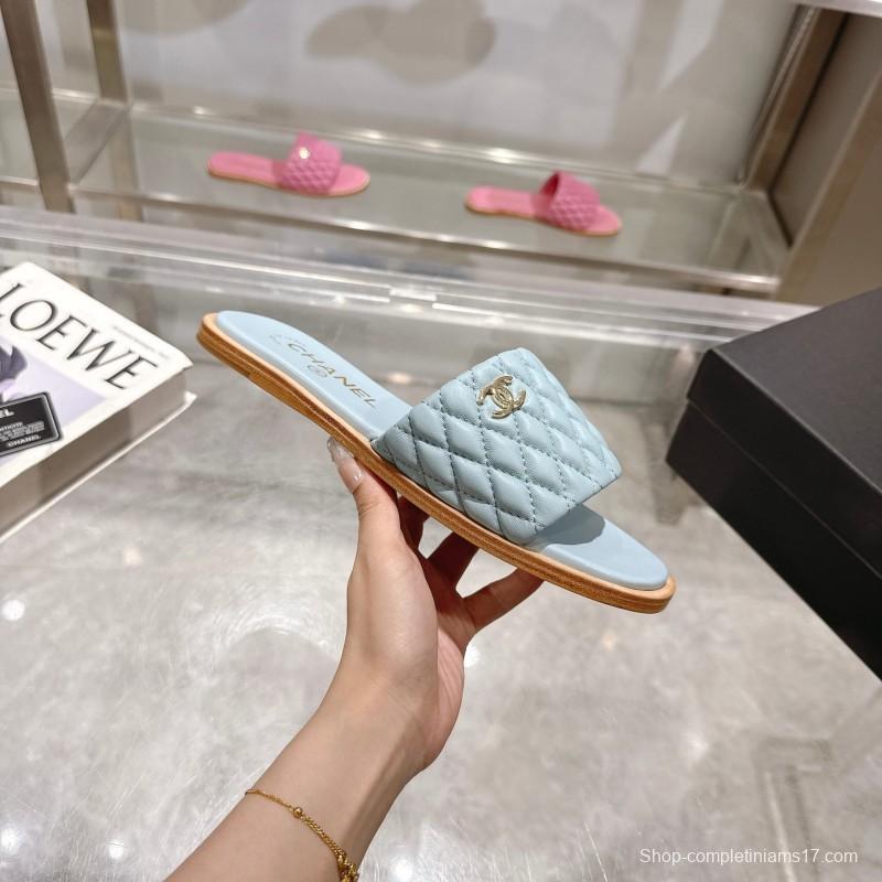 2025 Women Chanel Light Blue Lambskin Slippers
