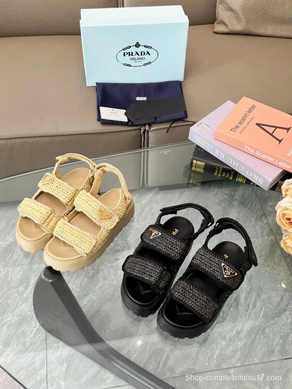 2025 Women Prada Beige Braided Leather Platform Sandals LY00300