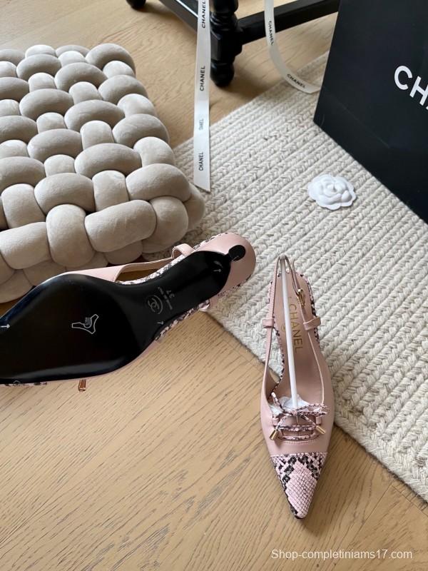 2025 Women Chanel Pink Python Leather Bow High Heels KFY00320