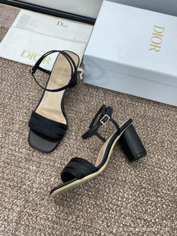 2025 Women Dior Black Leather Fabric Sandals