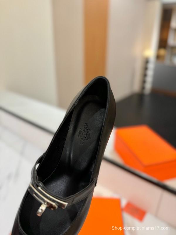 2025 Women Hermès Black Calfskin Leather Mary Jane 4cm Heel KFY00330