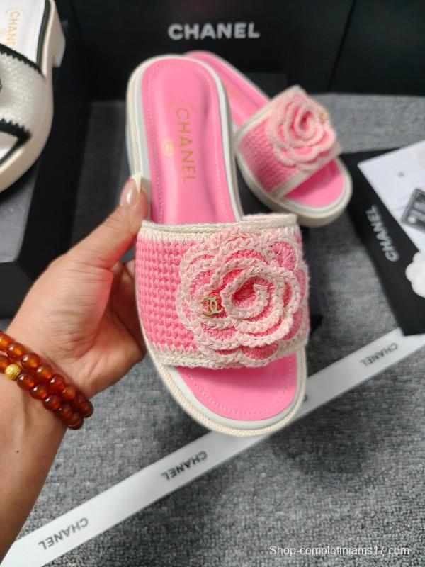 2025 Slippers Chanel Pink Straw Slide Floral LY00360
