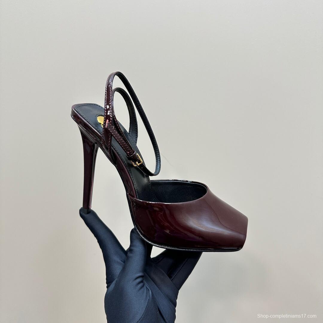 2025 Women Yves Saint Laurent Burgundy Patent Leather Slingback Heels