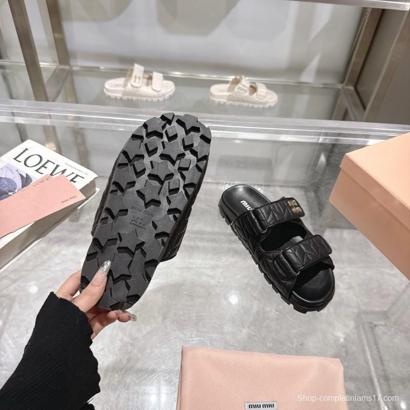 2025 Women Miu Miu Black Leather Slide Sandals