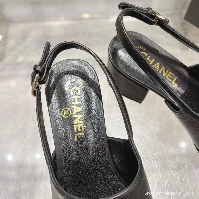 2025 Women Chanel Black Leather Slingback Heels LY00300