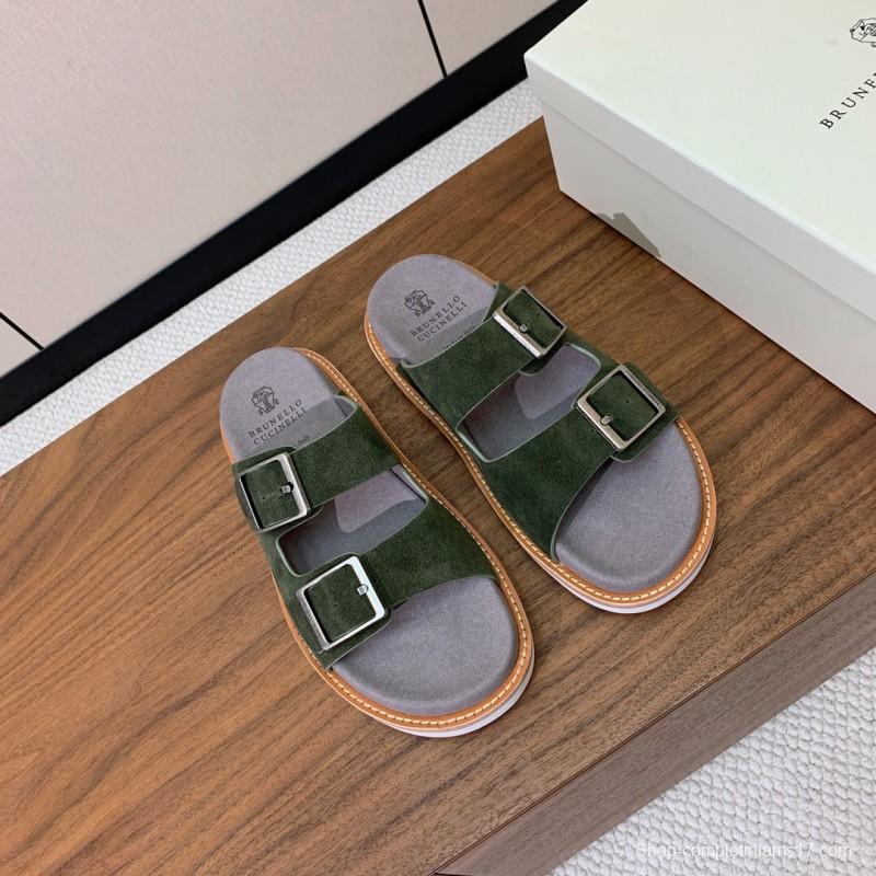 2025 Unisex Brunello Cucinelli Green Suede Leather Slippers KFY00250