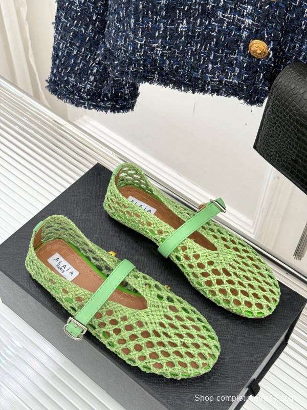 2025 Women AlAIA Green Leather Mesh Mary Jane
