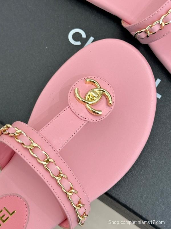 2025 Women Chanel Pink Lambskin Chain Toe Ring Sandals