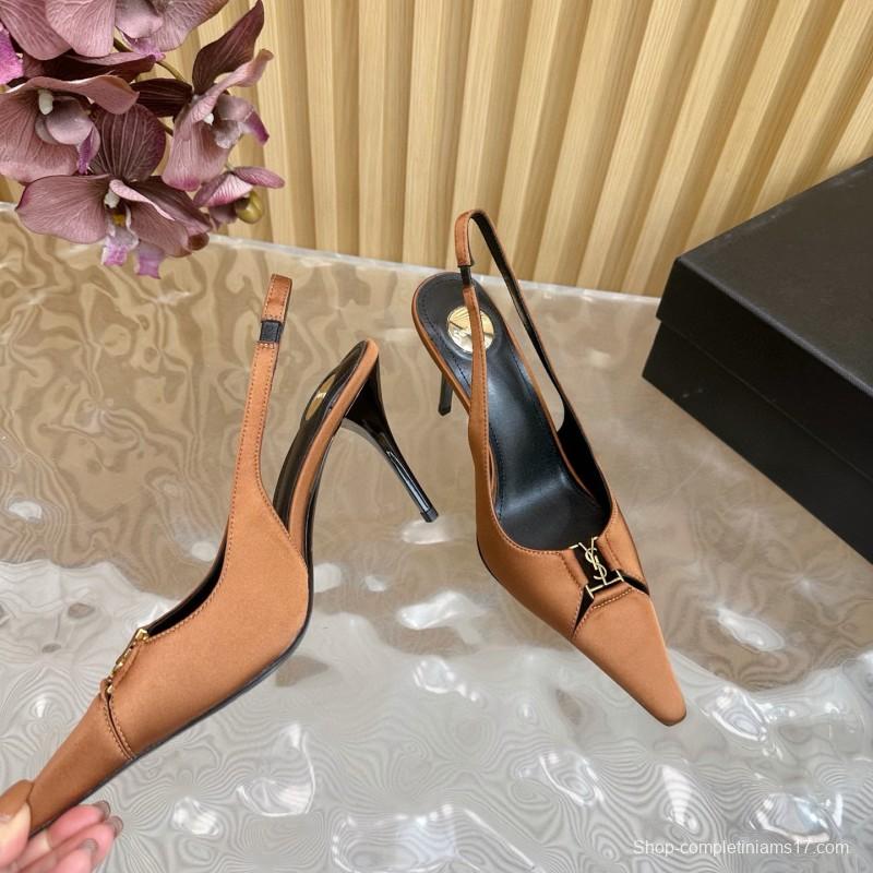 2025 Women Yves Saint Laurent Brown Leather Slingback Pumps MJ00300