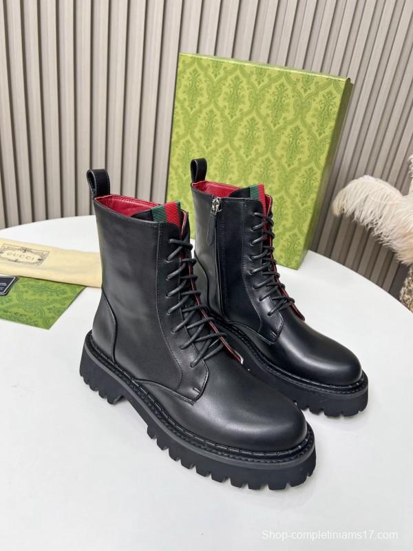 2024 Women Gucci Black Leather Lace-Up Combat Boots Red Green Web MJ00340