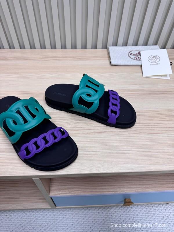 2025 Slippers Hermès Green Purple Rubber Casual LY00360