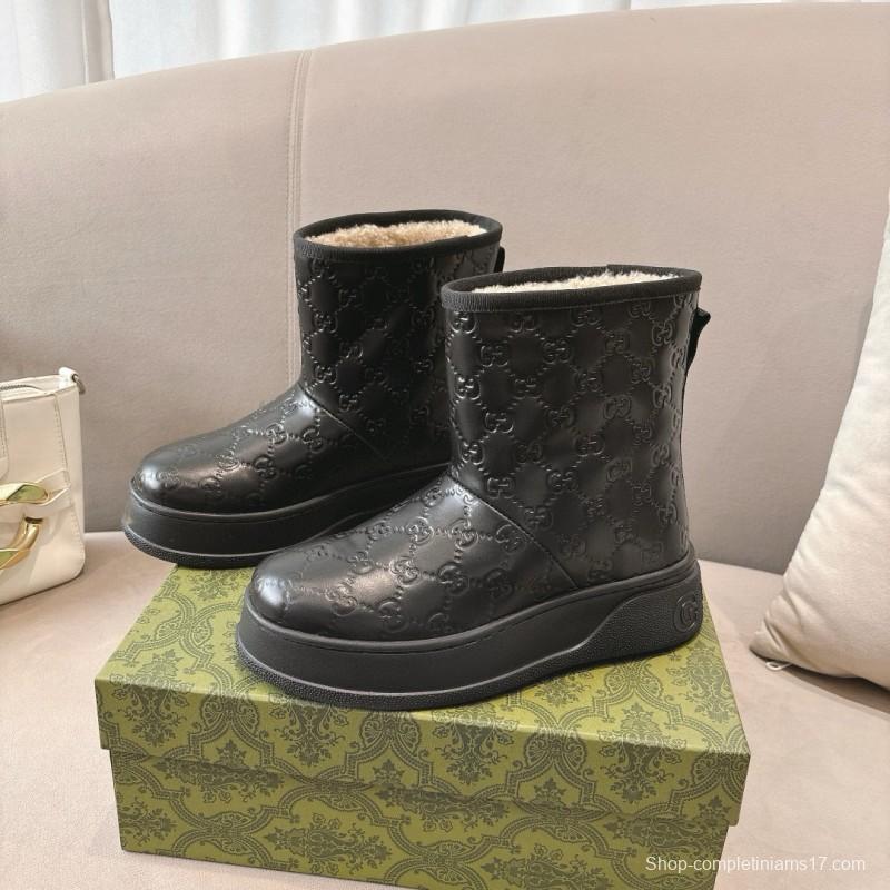 2024 Women Gucci Black Leather Suede Shearling Snow Boots MJ00350