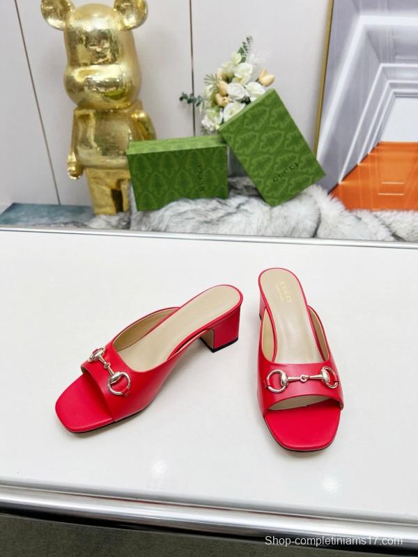 2025 Women Gucci Red Leather Heeled Mules Metal Ornament