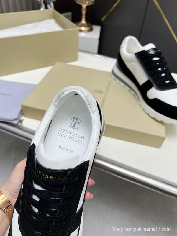 2024 Unisex Brunello Cucinelli Black White Suede Calfskin Leather Sneakers MJ00360