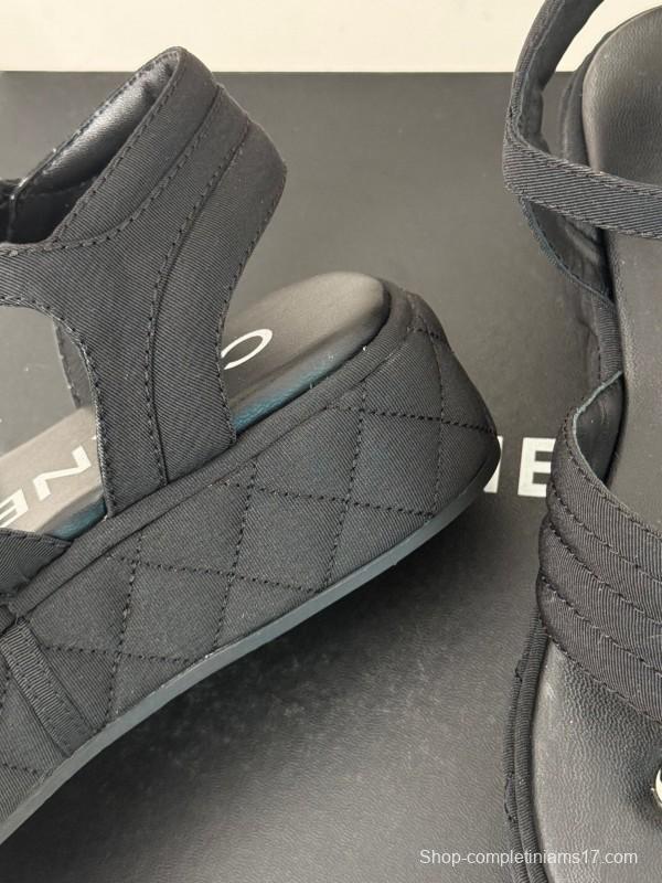 2025 Women Chanel Black Fabric Platform Sandals