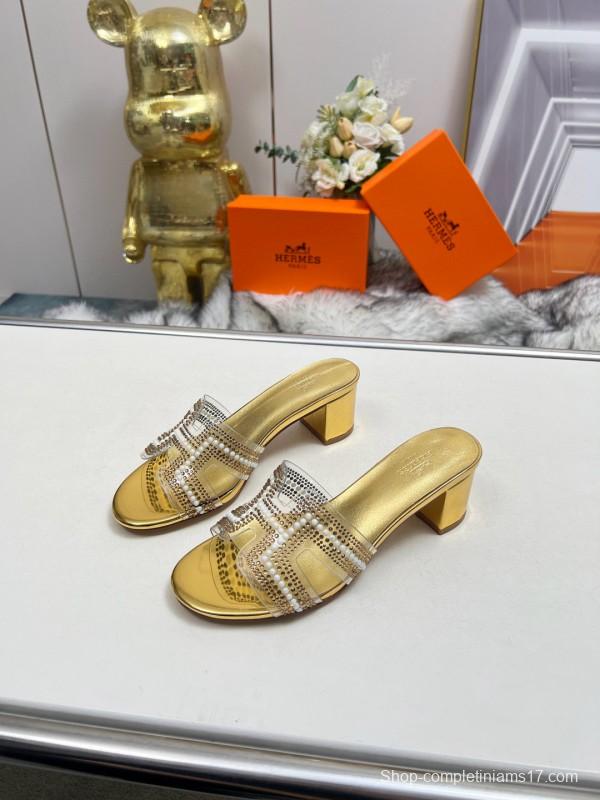 2025 Hermès Gold Leather Slippers MJ00180