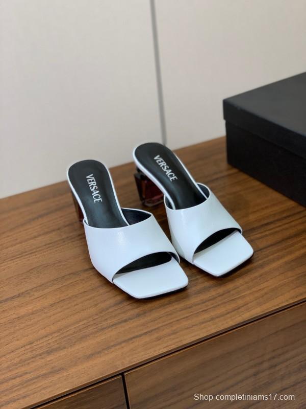2025 Women VERSACE White Leather Slippers