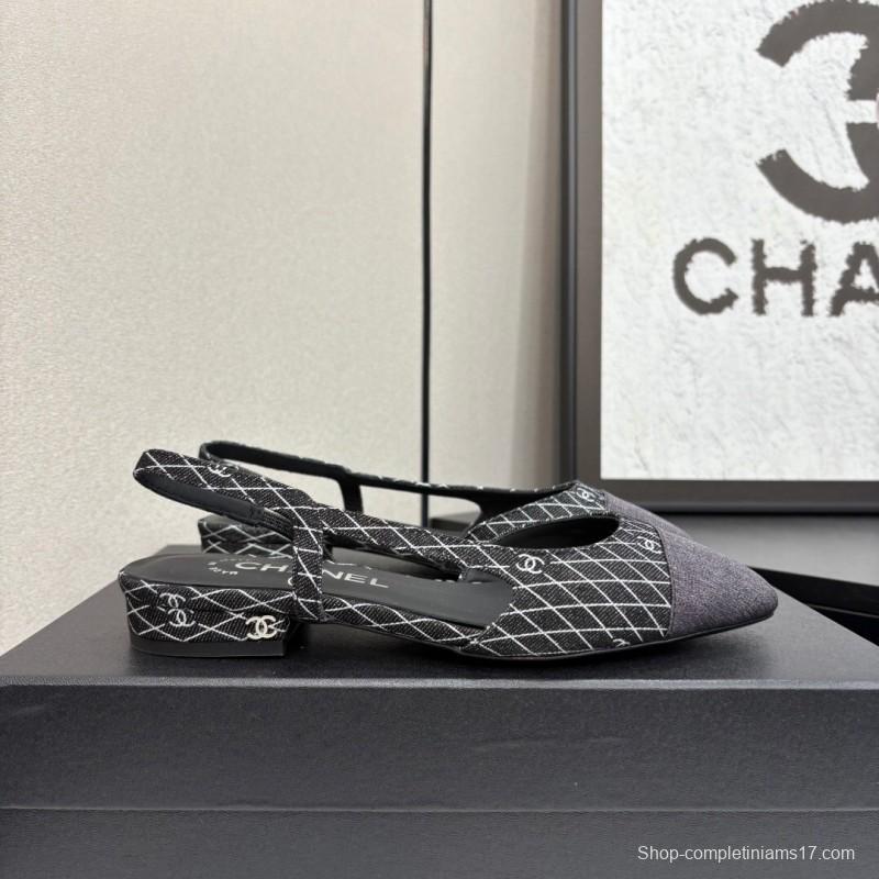 2025 Women Chanel Black White Fabric Leather Slingback LY00240