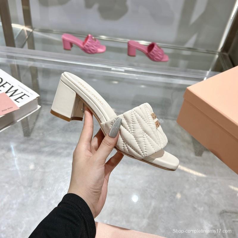 2025 Women Miu Miu White Sheepskin Sandals Embroidered KFY00250