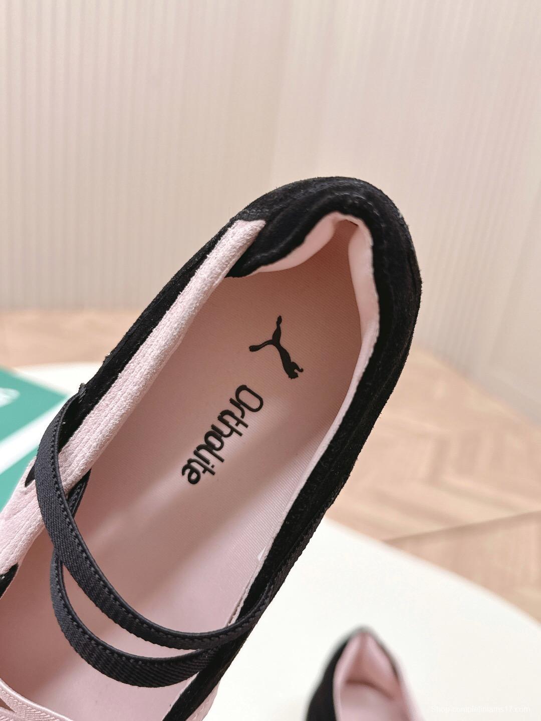 2025 Women PUMA Pink Black Suede Leather Ballet Flats LY