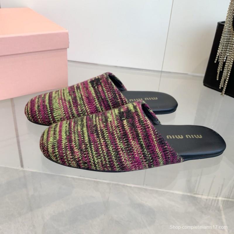 2025 Miumiu Purple Green Black Knitted Slippers