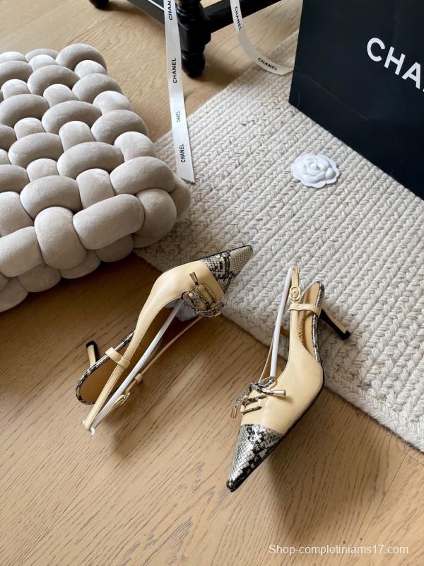 2025 Women Chanel Beige Snake Leather Heels KFY00320