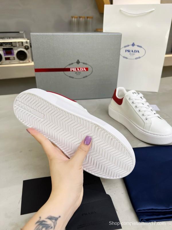 2024 Unisex Prada White Red Calfskin Silk Thick Sole Sneakers MJ00310