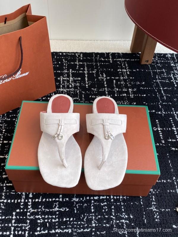2025 Women Le Parmentier White Suede Thong Sandals KFY00280