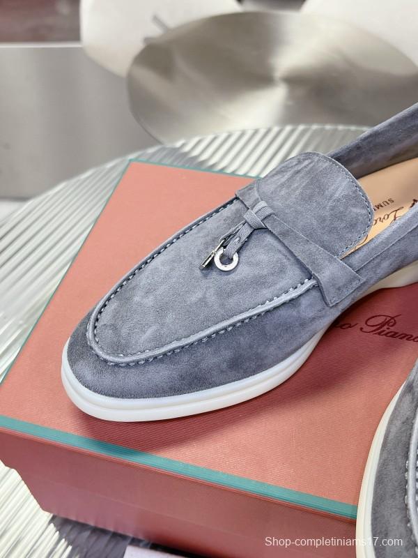 2024 Unisex Loro Piana Grey Suede Loafers MJ00270