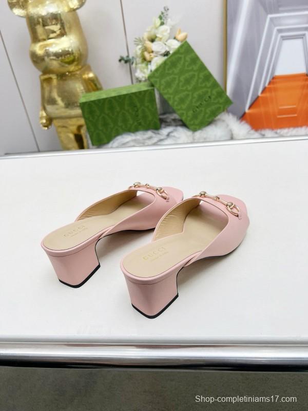2025 Women Gucci Pink Leather Block Heel Mules MJ00180