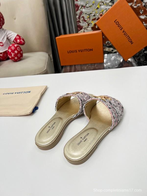 2025 Women Louis Vuitton Pink White Gold Fabric Leather Slippers