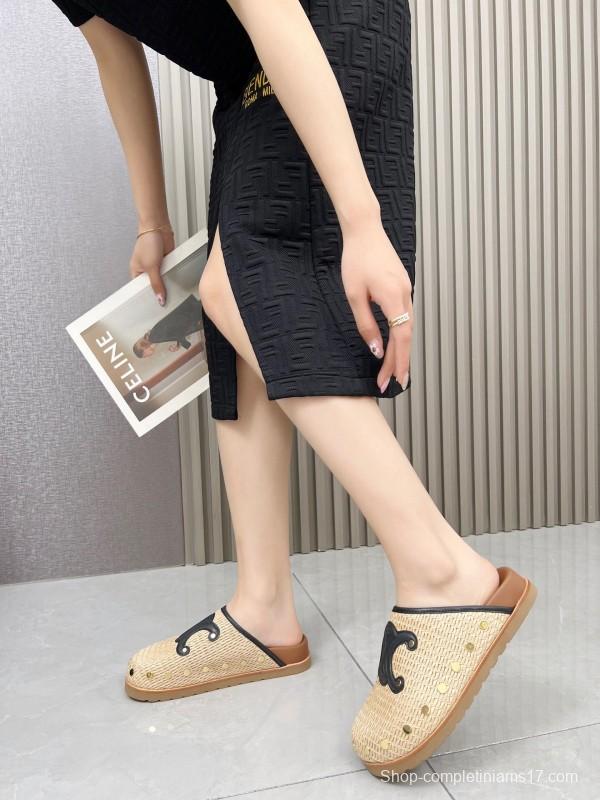 2025 Slippers CELINE Beige Black Leather Slippers LY00240