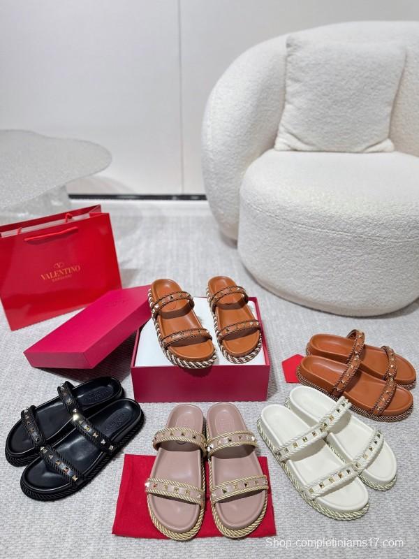 2025 Women Valentino Brown Leather Sandals Braided Rope Sole LY00250