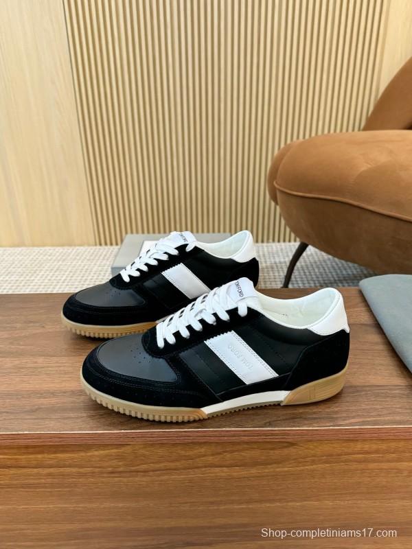 2025 Unisex TOM FORD Black White Leather Suede Sneakers Classic Contrasting LY00360