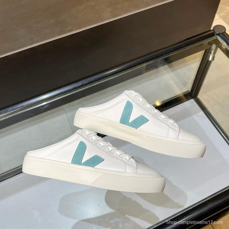 2025 VEJA White Blue Leather Canvas Slip-On Sneakers