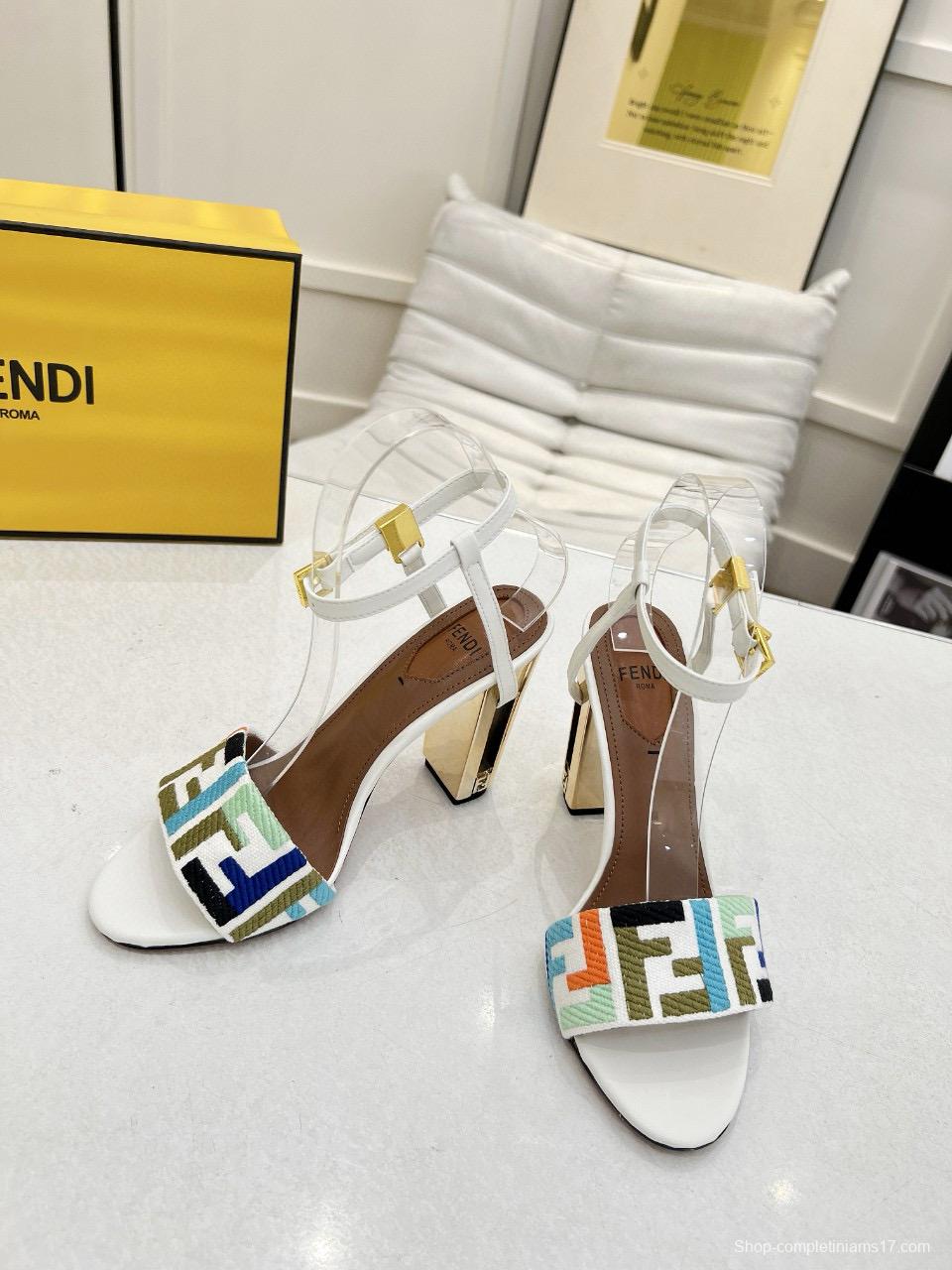 2025 Women Fendi White Blue Orange Fabric Leather High Heel Sandals MJ00280