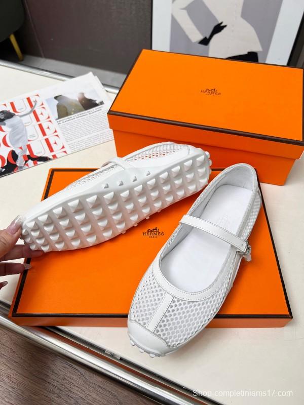 2025 Women Hermès White Leather Mesh Mary Jane LY00230