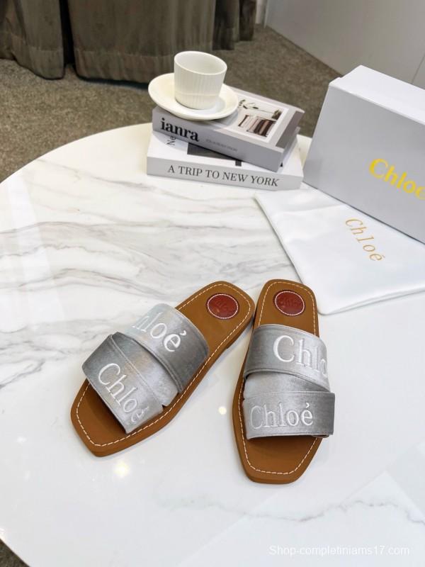 2025 Women Chloé Silver Leather Slippers LY00200