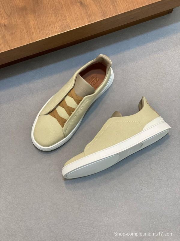 2024 Men Ermenegildo Zegna Beige PELLETESSUTA Calfskin Sneakers Elastic Detail MJ00280