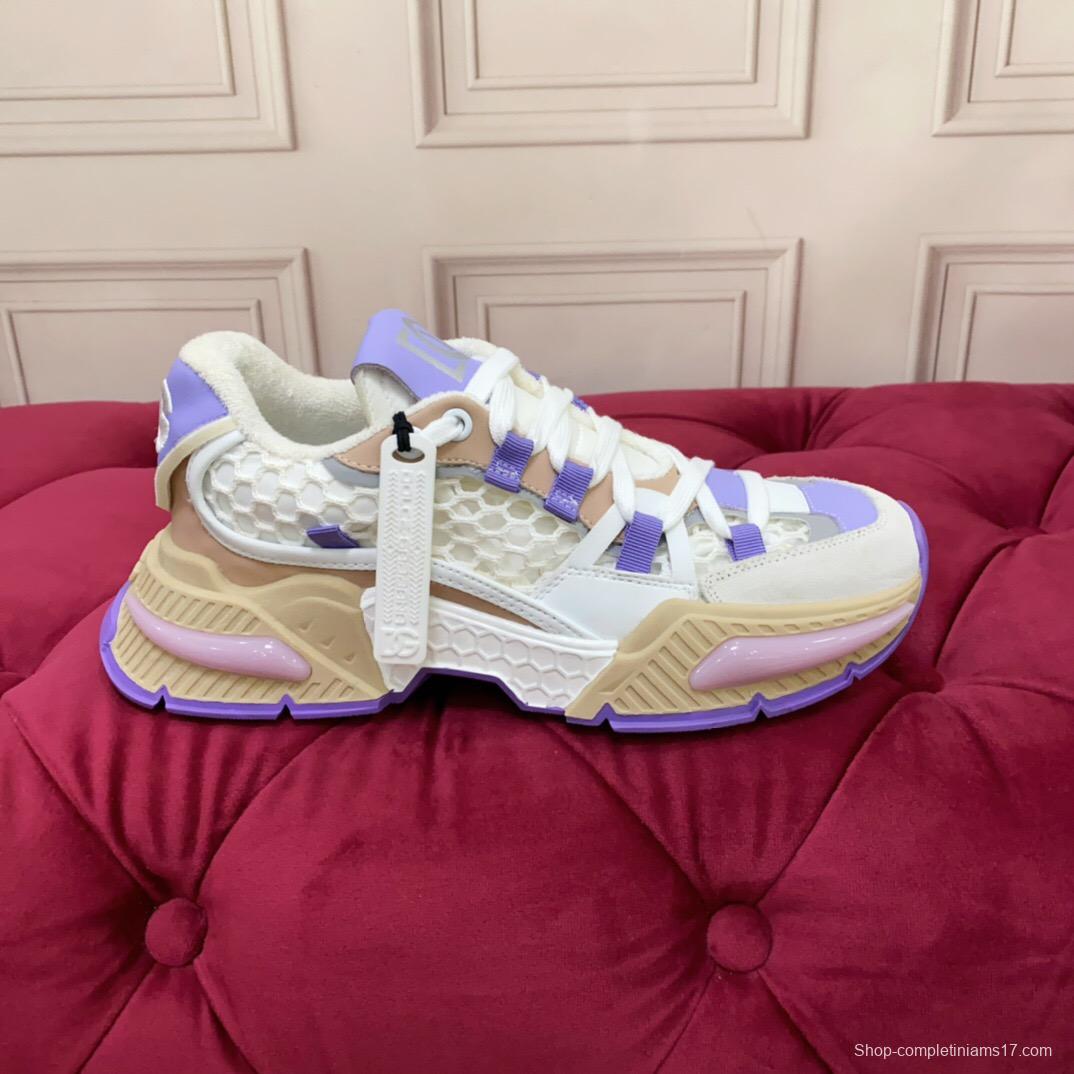 2025 Women Dolce & Gabbana White Purple Beige Mesh Leather Sneakers LY00340