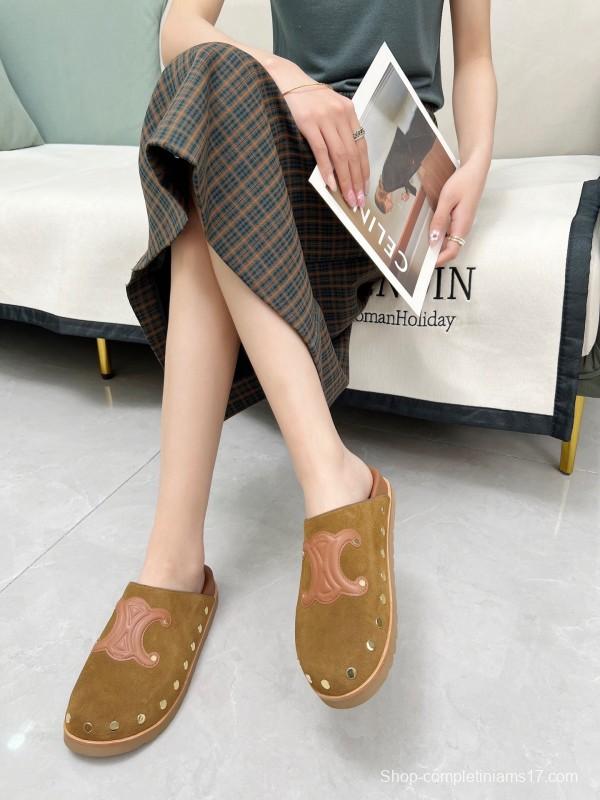 2025 Slippers Celine Brown Pink Suede Leather Studded LY00240