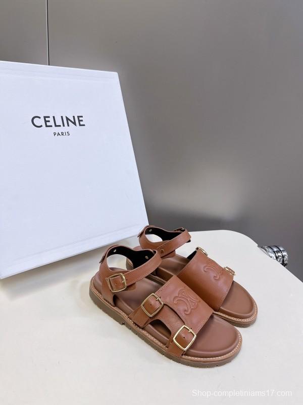 2025 Women Celine Light Brown Leather Sandals KFY00280