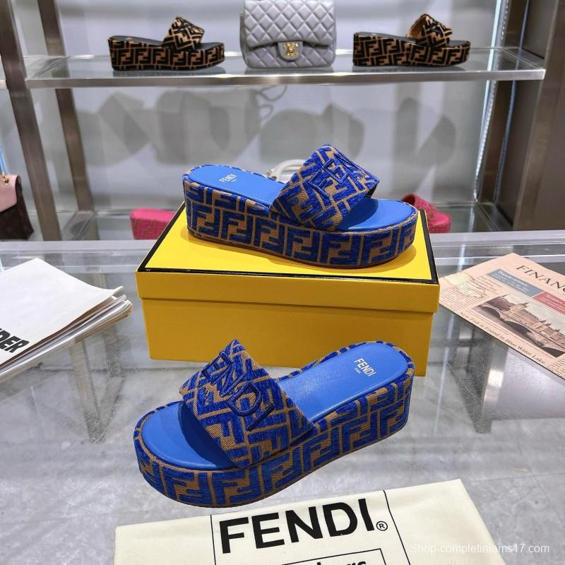 2025 Fendi Blue Brown Canvas Slippers